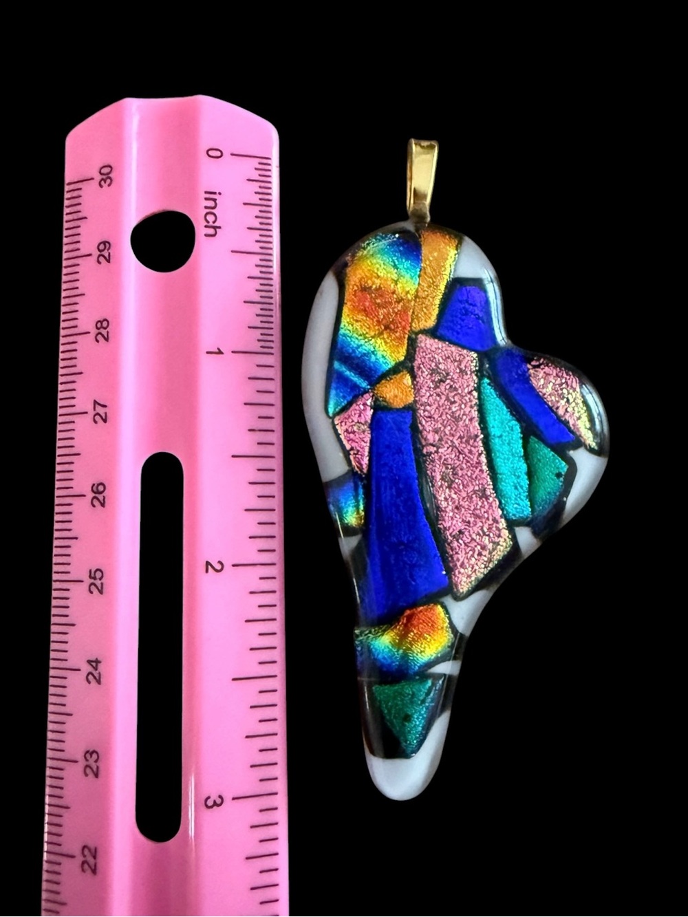 Vintage Dichroic Glass Asymmetrical Heart Pendant- Flat Back Art Glass Colorful - Picture 3 of 8